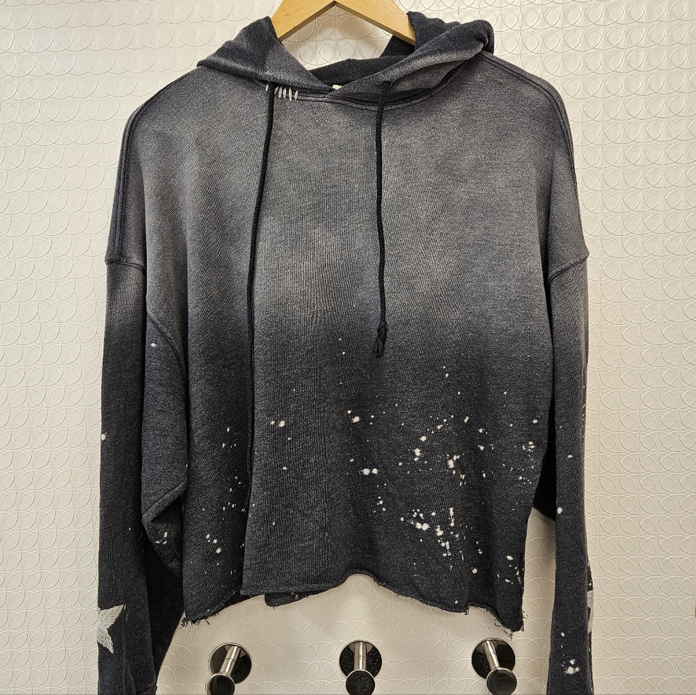 ISMBS Washed Black Distressed Crop Hoodie - Women